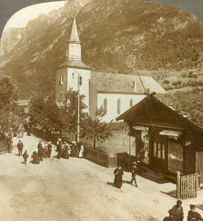 Families and neighbors on a summer Sunday morning at village church, Odde, Norway, c. 1905 by Unbekannt