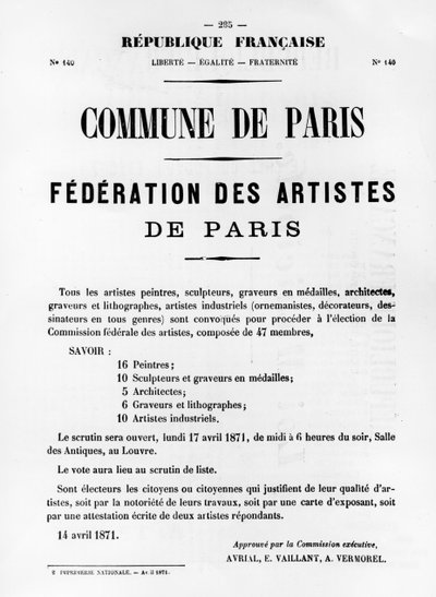Federation of Artists, from French Political Posters of the Paris Commune, May 1871 by Unbekannt