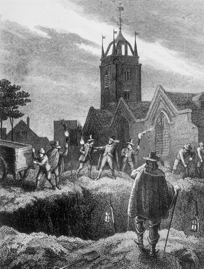 Filling a Mass Grave at Night During the Plague of London by Unbekannt