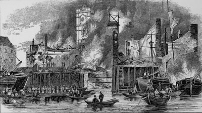 Fire at Toppings Wharf, London Bridge, 1843 by Unbekannt