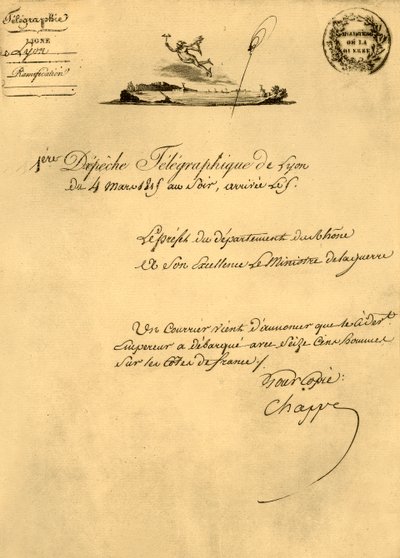 First Telegraph Despatch from Lyon, 4 March 1815, 1921 by Unbekannt