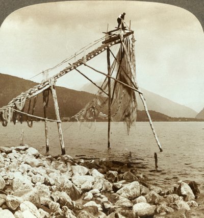 Fisherman Arranging Salmon Nets at Balestrand on Sognefjord - Balholm in Distance, Norway by Unbekannt