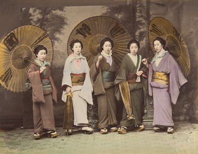 Five Japanese Women in Traditional Dress with Parasols by Unbekannt