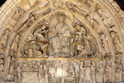Fleury abbey basilica north gate tympanum: Christ in glory surrounded by evangelists, Saint Benoit sur Loire, France by Unbekannt