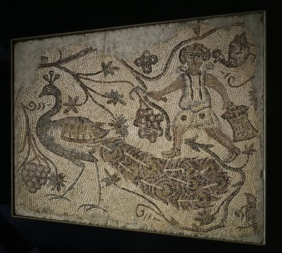 Floor Mosaic Panel: Grape Harvester with Peacock by Unbekannt