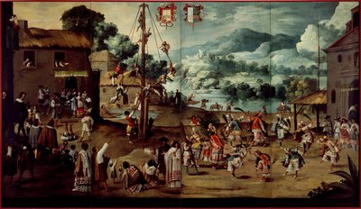Folding Screen with Indian Wedding and Flying Pole (Biombo con desposorio indígena y palo volador) by Unbekannt