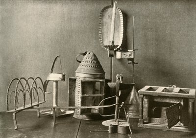 Foot-warmer, Oil Lamps, Candle Sconce, Tin Lantern, and Toaster, c18th Century, 1937 by Unbekannt