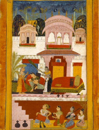 Forlorn lady with maids, illustrating the musical mode Patamanjari Ragini, 1695-1700 by Unbekannt