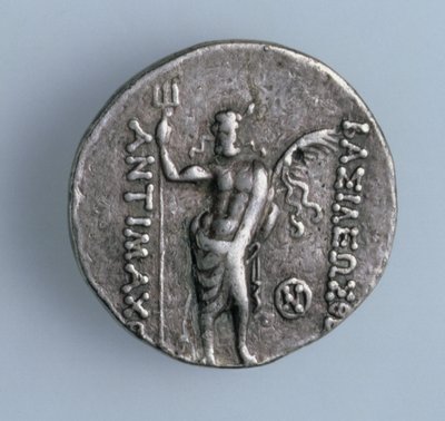 Four drachma piece, reverse depicting the Greek god Poseidon representing the Indian trident-bearing god Siva, from the Greek Kingdom of Bactria, 2nd century BC by Unbekannt