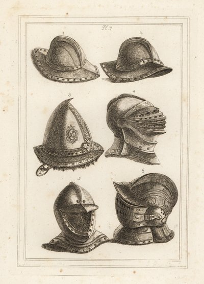 French iron pot helmet, engraved steel cap from the 16th century, large bright helmet, open helmet, ornamented helmet with visor by Unbekannt