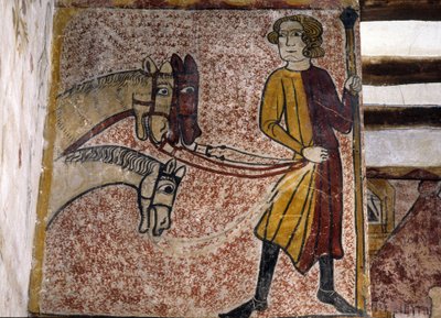 Fresco of the Ferrande Tower in Pernes-les-Fontaines (Pernes les Fontaines, Vaucluse (84)) of the 13th Century: A Palefrenier Holding the Reins of Three Horses. by Unbekannt