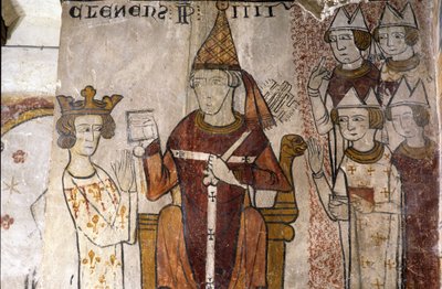Fresco of the Ferrande Tower in Pernes-les-Fontaines (Pernes les Fontaines, Vaucluse (84)) from the 13th Century: Charles I of Anjou (1226-1285) was Invested in the Kingdom of Sicily on 28/06/1265 by Pope Clement IV (c. 1195-1268). by Unbekannt