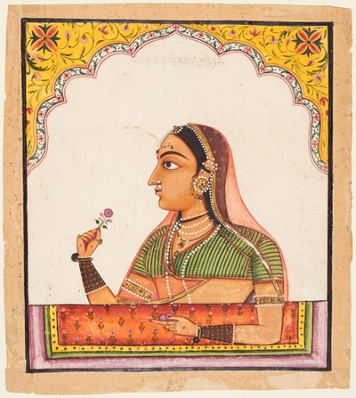 From a series of female portraits: A lady at a jharoka window holding a rose by Unbekannt