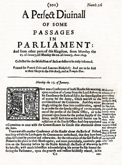 Front page of A Perfect Diurnall of Some Passages in Parliament, 1643, 1905 by Unbekannt