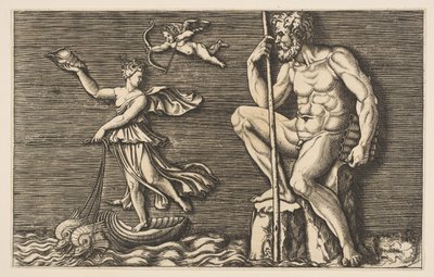 Galatea escaping Polyphemus, he is seated on a rock holding a staff and pipes by Unbekannt