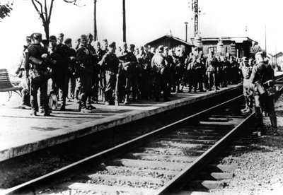 German soldiers on a railway platform awaiting transport, Paris, August 1940 by Unbekannt