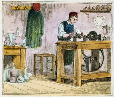 Glass cutter decorating tableware on a carborundum wheel, 1867 by Unbekannt