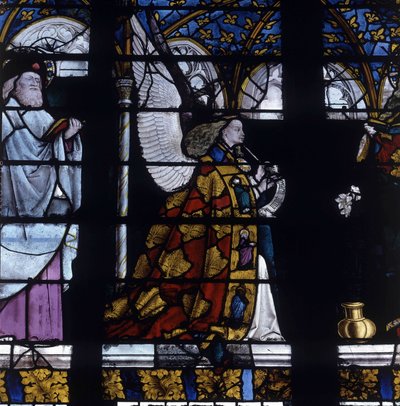 Gothic architecture. Stained glass of the Angel of the Annunciation, detail of the Angel, circa 1450, by the Master of Jacques Coeur. Cathedrale de Bourges by Unbekannt