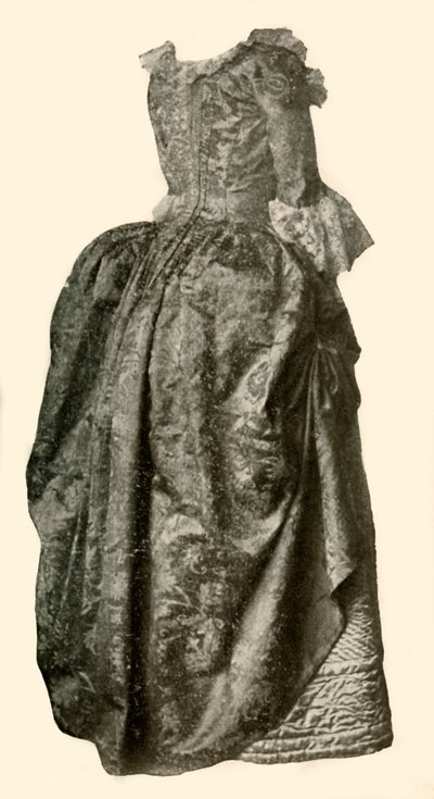 Gown of Yellow Damask Brocade Worn Over a Blue Quilted Satin Petticoat by Unbekannt