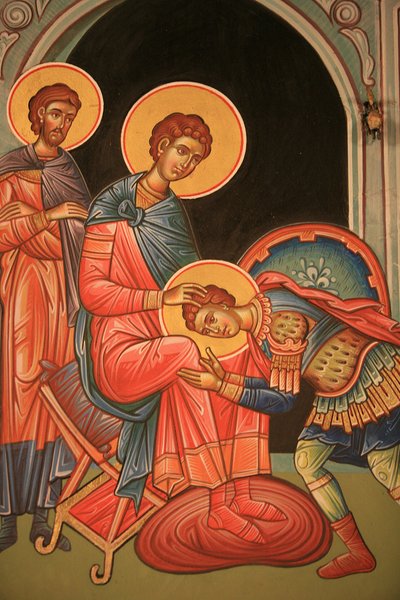 Greek orthodox icon depicting Saint Nestor and Saint Dimitrios, Thessaloniki, Greece by Unbekannt