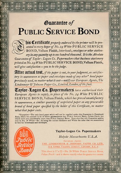 Guarantee of Public Service Bond - Taylor-Logan Co. Papermakers advert, 1919 by Unbekannt