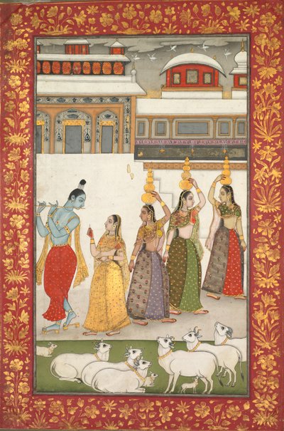 Gujari Ragini Krishna with Gopis Playing the Flute, from a Ragamala Series by Unbekannt