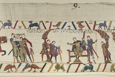 Harold and Count Guy of Ponthieu talking together at Beaurain, Bayeux Tapestry by Unbekannt