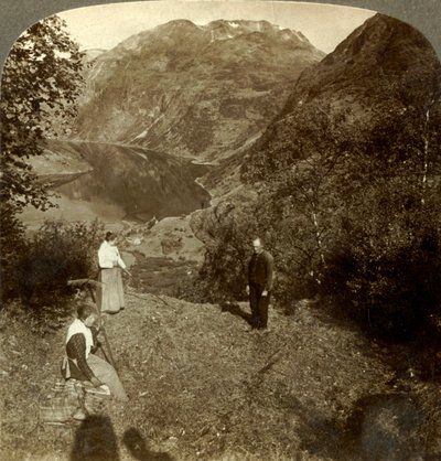 Haying on Mountain Shelf High Above Marok Village and Mirror-Clear Geirangerfjord, Norway, c1905 by Unbekannt
