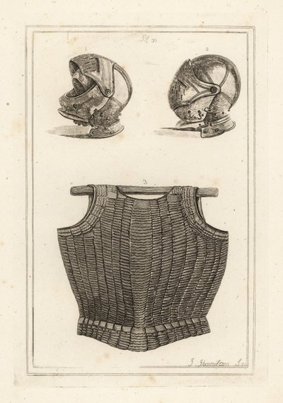 Helmet found at Bosworth Field, and flexible cuirass of metal laminae on leather said to have belonged to King Henry VIII by Unbekannt