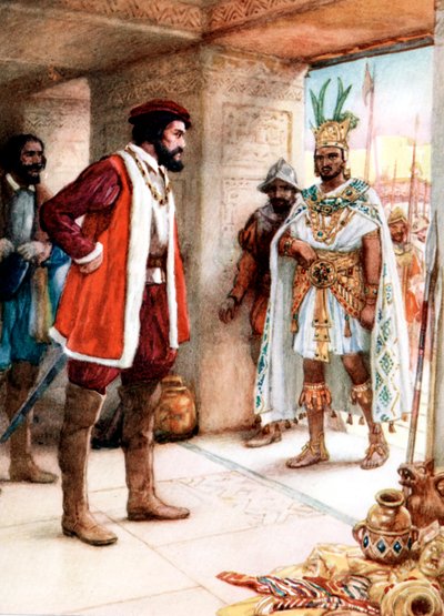 Hernan Cortes Meeting the Aztec Emperor Montezuma by Unbekannt