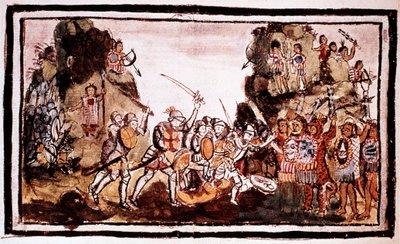 Hernando Cortes Cortez 1485-1547, Spanish conquistador, attacking natives in Mexico by Unbekannt