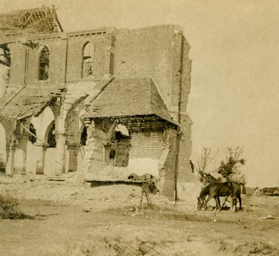 Horses grazing near ruined church, Frise, northern France by Unbekannt