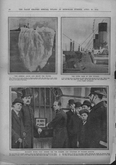 Iceberg, upper deck of the Titanic, and Mansion House fund, April 20, 1912 by Unbekannt