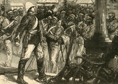 Incident in the Indian Mutiny: Lieut. De Kantzow Calming the Sepoys at Mynpooree, 1890 by Unbekannt
