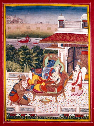 Indian Miniature Showing Krishna and a Princess on a Couch by Unbekannt