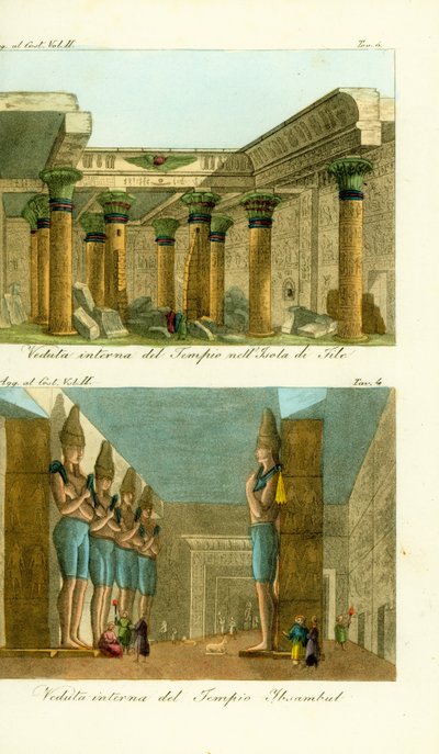 Interior of the Temple of Isis on Philae Island, Nubia, and interior of the Great Temple of Ramses II at Abu Simbel, Nubia by Unbekannt