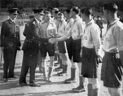 Introductions before a RAF vs Metropolitan Police football match, Wembley, London, 1942 by Unbekannt