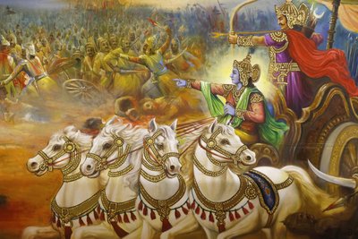Fresco. Krishna the charioteer guiding Arjuna in the battlefield of Kurukshetra. United Kingdom by Unbekannt