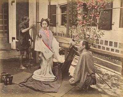 Japanese Woman in Traditional Dress Posing with Two Men, 1870s by Unbekannt