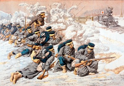 Japanese firing on Russian Red Cross train, Russo-Japanese War, 1904 by Unbekannt