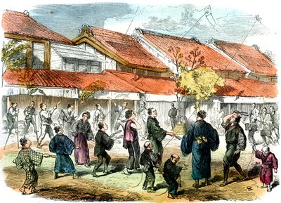 Japanese game of battledore and shuttlecock in the streets of Yokohama, 1865 by Unbekannt