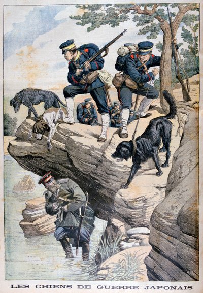 Japanese Soldiers with Dogs Locate a Russian in Hiding, Russo-Japanese War by Unbekannt