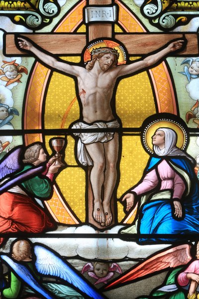 Jesus Christ on the Cross, Stained Glass Window, Shrine of Our Lady of La Salette, La Salette-Fallavaux by Unbekannt