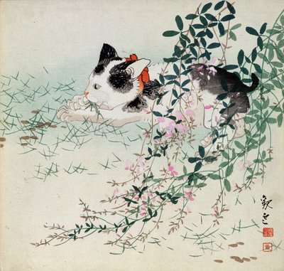 Kitten in grass and foliage flowers - Japanese print by Unbekannt