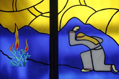 Moses and the Burning Bush, Stained Glass Window, Kon Tum Cathedral, Kon Tum, Vietnam by Unbekannt