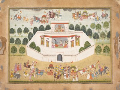 Krishna and Balarama within a Walled Palace: Page from a Dispersed Bhagavata Purana by Unbekannt