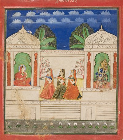 Krishna and Radha in two pavilions by Unbekannt