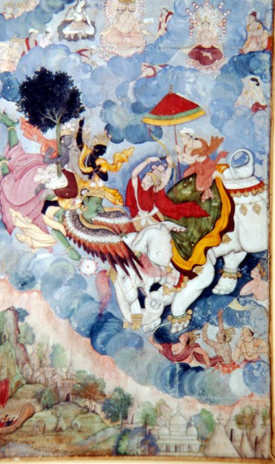 Krishna, riding the Bird-God Garuda, fights the God, Indra on an elephant by Unbekannt