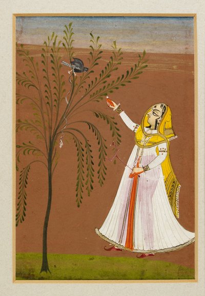 Lady feeding a bird in a tree, 19th century by Unbekannt