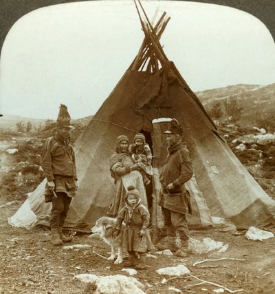 Laplander family and sledge dog - outside their summer home - on a hillside in Norway, c1905 by Unbekannt